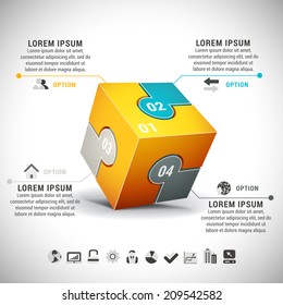 Business Infographic With Cube Made Of Puzzle. 