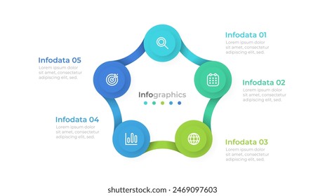 Business infographic cycle connected elements with marketing icons and 5 options or steps. Vector illustration. Can be used for workflow diagrams, annual reports, and info charts.