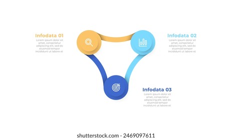 Ciclo de infografía de negocios Elementos conectados con iconos de marketing y 3 opciones o pasos. Se puede utilizar para diagramas de flujo de trabajo, informes anuales y gráficos informativos.