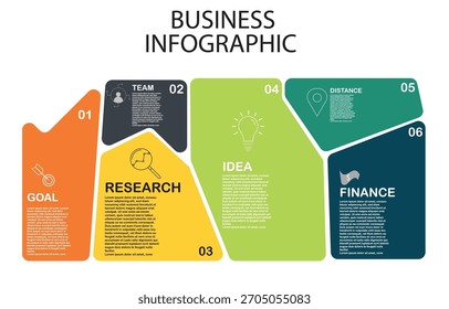 Business Infographic, Data Visualization, Corporate Presentations, Six Steps, Modern Design, Geometric Shapes, Strategic Planning, Teamwork, Research and Development, Financial Goals, Process