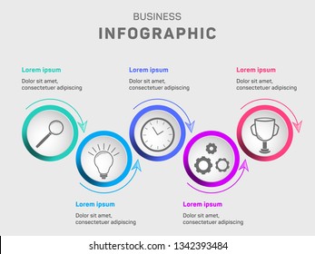 Business infographic data visualization diagram. Search, idea, planning, business process and goal achievement vector icons, milestone elements diagram process design. Infographic data template.