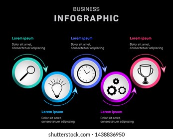 Business infographic data visualization diagram. Search, idea, planning, business process and goal achievement vector icons, milestone elements diagram process design. Infographic data template.