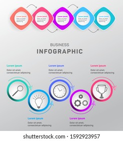 Business infographic data visualization diagram. Search, idea, planning, business process and goal achievement vector icons, milestone elements diagram process design. Timeline icons vector template