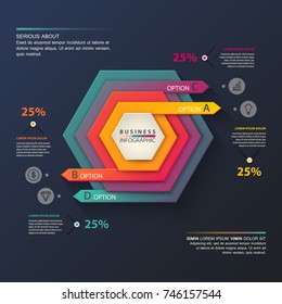 Business infographic with decision or option arrows. Infochart or document with dollar sign and diamond, bar graph or chart and lamp icons. Work and job, finance and money, e-commerce theme