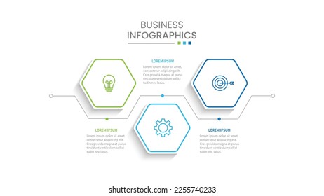 Business infographic design with 3 options. Vector thin line label with hexagons template.