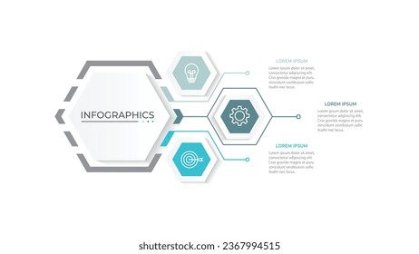 Diseño de infografía de negocios con 3 opciones. Etiqueta de línea delgada vectora con plantilla hexagonal