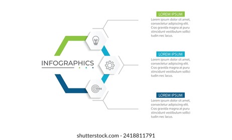 Diseño de infografía de negocios con 3 opciones. Etiqueta de línea delgada vectora con plantilla hexagonal