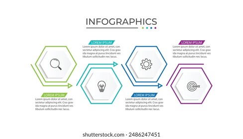 Business infographic design with 4 options. Vector thin line label with hexagons template.