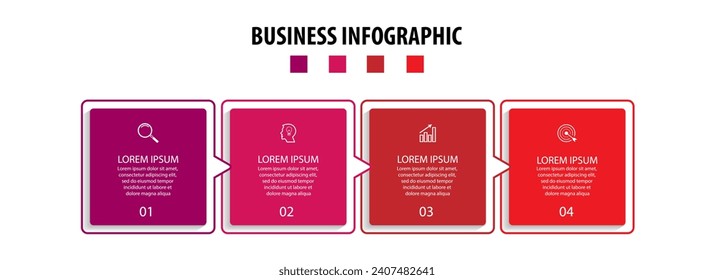 business infographic design 4 parts or steps, there are icons, text and numbers, colorful square design with interconnected color lines, for diagrams, banners and your business workflow