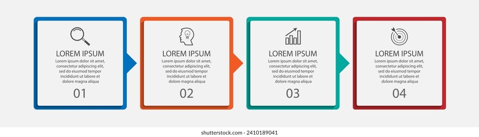 business infographic design 4 parts or steps, there are icons, text and numbers, square design with thin colored lines that are connected to each other for workflow diagrams, banners and your business