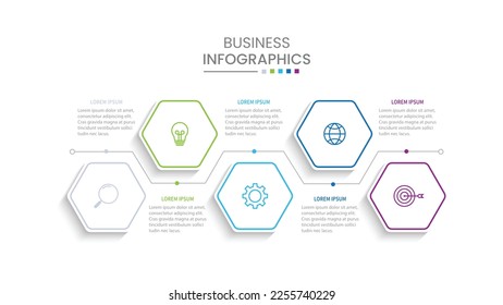 Business infographic design with 5 options. Vector thin line label with hexagons template.