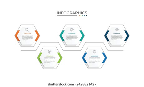 Business infographic design with 5 options. Vector thin line label with hexagons template.