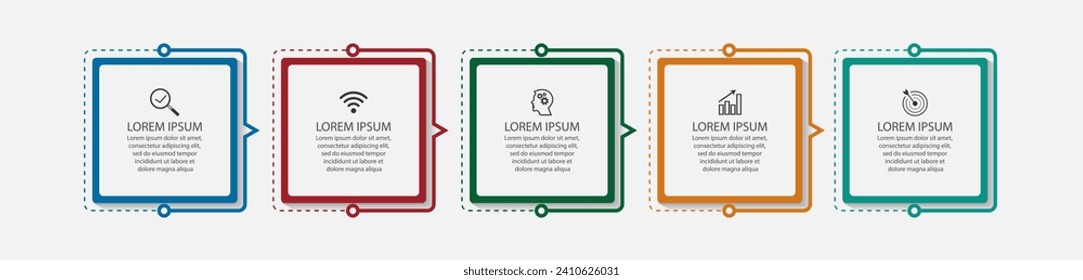 business infographic design 5 parts or steps containing icons, text and numbers, square design and thin colored lines that are interconnected, for workflow diagrams, banners and your business