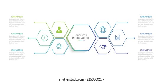 Diseño de infografía de negocios con 6 opciones. Etiqueta de línea delgada vectorial con plantilla hexagonal.
