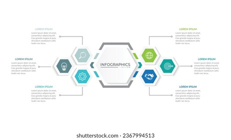 Business infographic design with 6 options. Vector thin line label with hexagons template