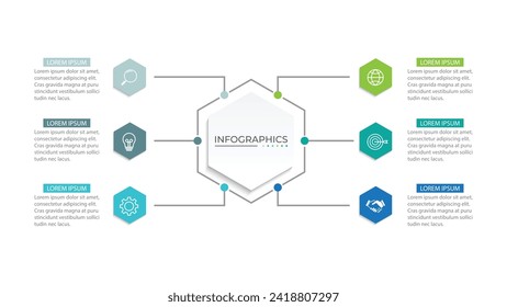 Business infographic design with 6 options. Vector thin line label with hexagons template