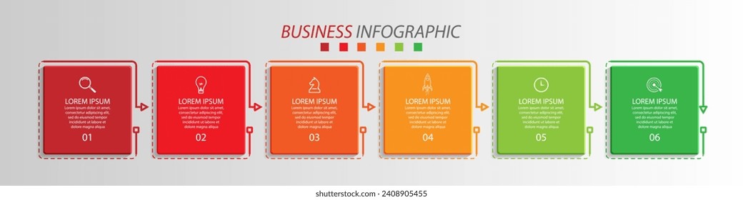 business infographic design 6 parts or steps, there are icons, text and numbers, colorful square design with interconnected color lines, for diagrams, banners and your business workflow