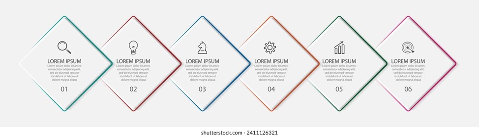 business infographic design with 6 parts or steps, containing icons, text, numbers. Can be used for presentation banners, workflow layouts, process diagrams, flowcharts, info graphics