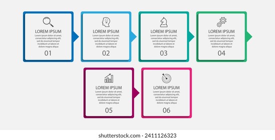 business infographic design with 6 parts or steps, containing icons, text, numbers. Can be used for presentation banners, workflow layouts, process diagrams, flowcharts, info graphics