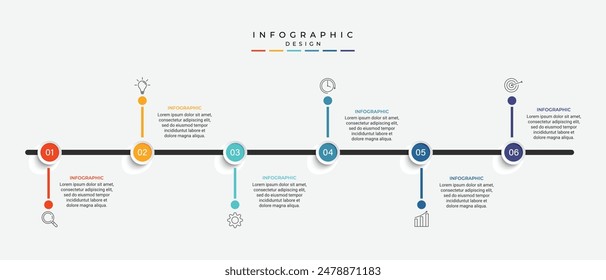 business infographic design with 6 parts or steps, containing icons, text, numbers