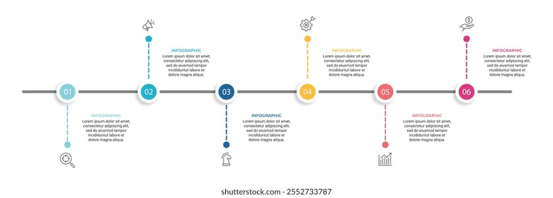 business infographic design with 6 parts or steps, containing icons, text, numbers, vector design