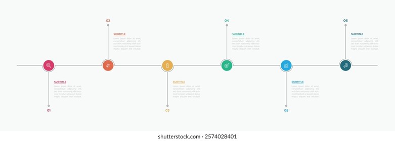 business infographic design with 6 parts or steps, containing icons, text, numbers, vector design EPS 10