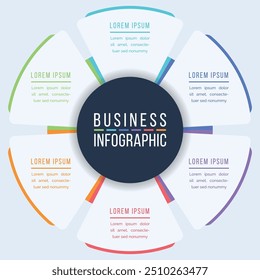 Diseño de infografía de negocios 6 pasos, objetos, Elementos u opciones infografía Plantilla de círculos de negocios