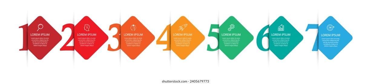 business infographic design 7 parts or steps, there are icons, text and numbers, colorful square design with interconnected color lines, for diagrams, banners and your business workflow
