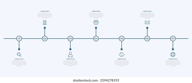 business infographic design with 7 parts or steps, containing icons, text, numbers, vector design
