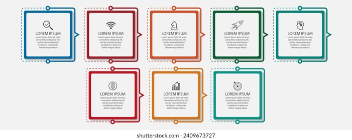 business infographic design 8 parts or steps, there are icons, text and numbers, square design with interconnected color lines, for workflow diagrams, banners and your business