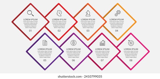 business infographic design 8 parts or steps containing icons, text and numbers, diamond shapes and thin colored lines that are interconnected, for workflow diagrams, banners and your business