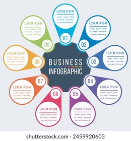 Business infographic design 9 steps, objects, elements or options infographic circle design template