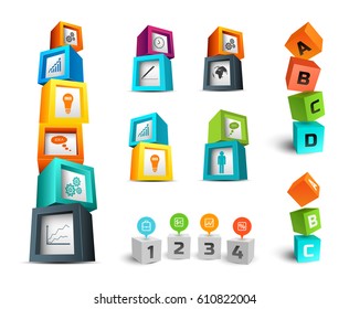 Business infographic design concept with colorful 3d cubes and icons on white background isolated vector illustration