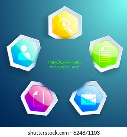 Business infographic design concept with five colored paper hexagon labels demonstrating web symbols flat vector illustration