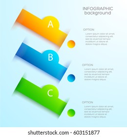 Business infographic design concept with three options diagonal colorful banners and circles on blue background vector illustration