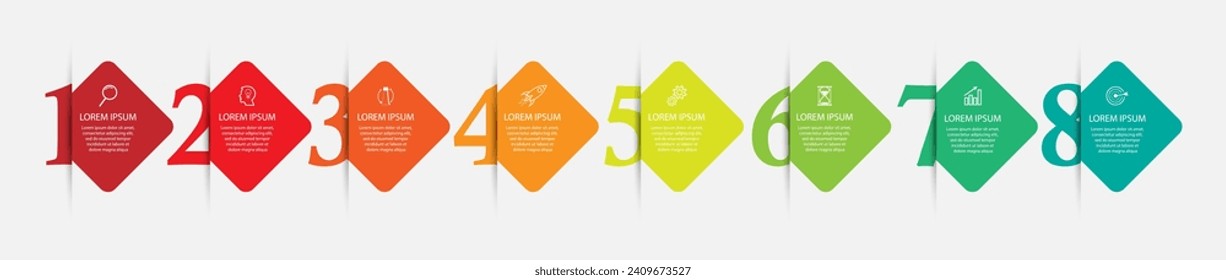 business infographic design eight parts or steps, there are icons, text and numbers, colorful square design with interconnected color lines, for diagrams, banners and your business workflow