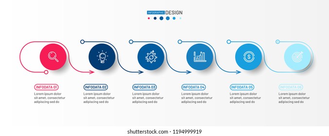 Business infographic design element with thin line flat concept and marketing icons. Timeline with 6 option, steps. Vector illustration. Can be used for brochure, presentation, web design.