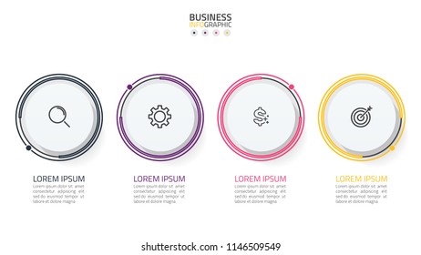 Business infographic design elements with circle shapes and thin line flat. Timeline with 4 steps, options or processes. Vector illustration.