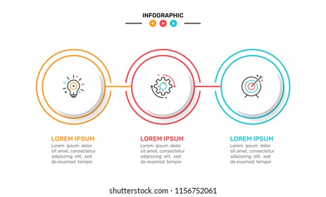 Business infographic design elements with circles process lines. Timeline with 3 steps, number options. Vector illustration.