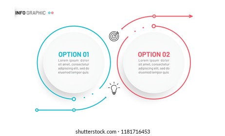 Business infographic design elements with points and process lines. Timeline with 2 steps, options, circles and marketing icons. Vector illustration.