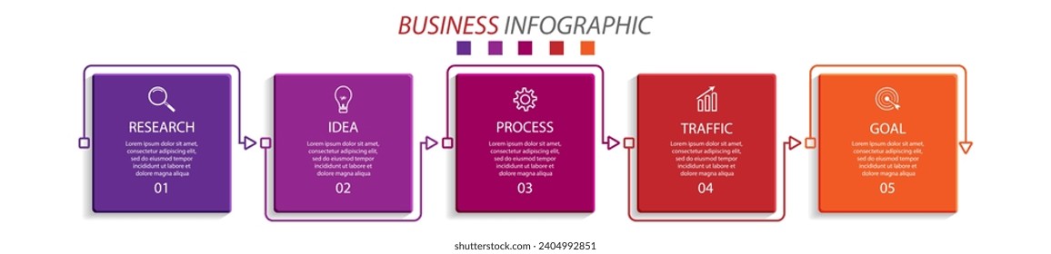 business infographic design with five parts or steps, there are icons, text and numbers, colorful square design with interconnected lines, for workflow diagrams, banners and your business