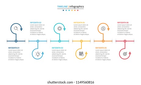 Business infographic design linear lines, arrow. Timeline with 6 steps, options or processes. Can be used for workflow diagram, flowchart, report or presentation. Vector illustration.