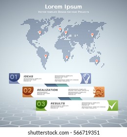 Business infographic design with numbered steps and dotted world map