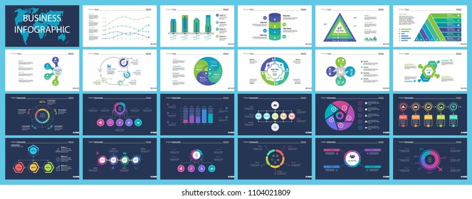 Business infographic design set can be used for workflow layout, presentation, annual report, web design. Marketing concept. Line chart, bar graph, comparison diagram, donut chart, process chart