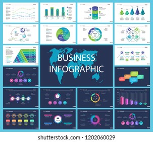 Business infographic design set can be used for workflow layout, presentation, annual report, web design. Marketing concept. Line chart, bar graph, comparison diagram, donut chart, process chart