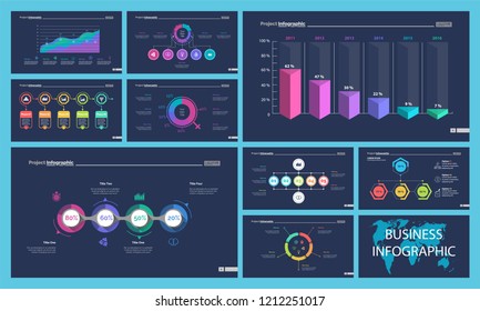 Business infographic design set can be used for workflow layout, presentation, annual report, web design. Marketing concept. Line chart, bar graph, comparison diagram, donut chart, process chart
