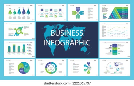 Business infographic design set can be used for workflow layout, presentation, annual report, web design. Marketing concept. Line chart, bar graph, comparison diagram, donut chart, process chart