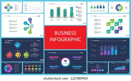 Business infographic design set can be used for workflow layout, presentation, annual report, web design. Marketing concept. Line chart, bar graph, comparison diagram, donut chart, process chart