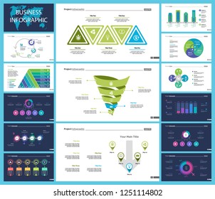 Business infographic design set can be used for workflow layout, presentation, annual report, web design. Marketing concept. Line chart, bar graph, comparison diagram, donut chart, process chart