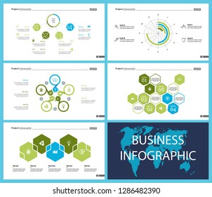 Business infographic design set can be used for workflow layout, presentation, annual report, web design. Marketing concept. Line chart, bar graph, comparison diagram, donut chart, process chart